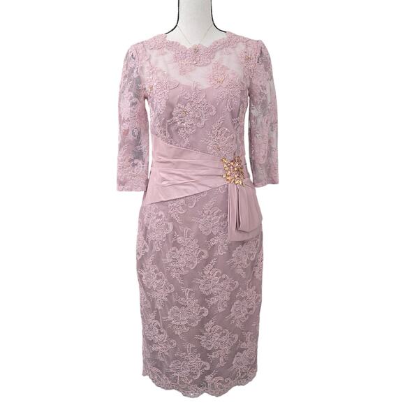 Teri Jon Rickie Freeman Midi Lace Beaded Cocktail Formal Dress Pink Gala Preppy - Picture 1 of 11